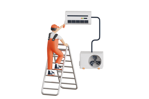 Technician repair air conditioner 3d illustration. Electrician Repair Broken AC 3D Illustration. AC Maintenance Service 3D Illustration png