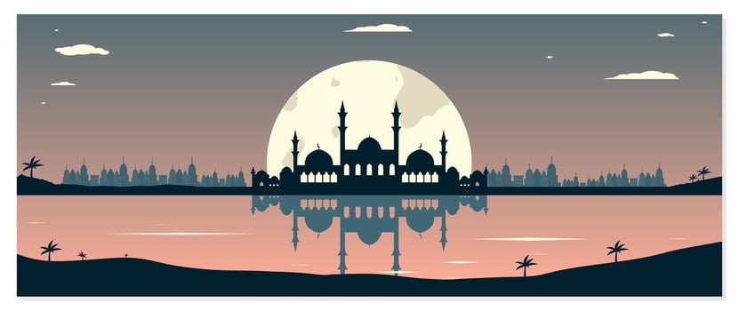 Mosque Silhouettes with Urban Buildings and Sunset Background vector