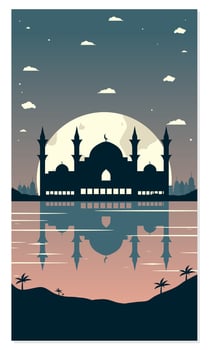 Mosque Silhouettes with Urban Buildings and Sunset Background vector