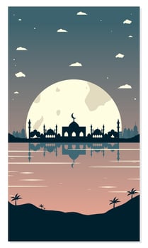 Mosque Silhouettes with Urban Buildings and Sunset Background vector