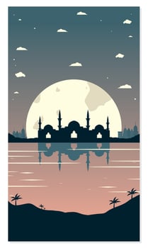 Mosque Silhouettes with Urban Buildings and Sunset Background vector