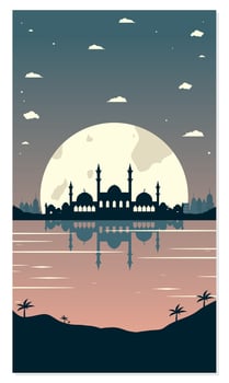 Mosque Silhouettes with Urban Buildings and Sunset Background vector