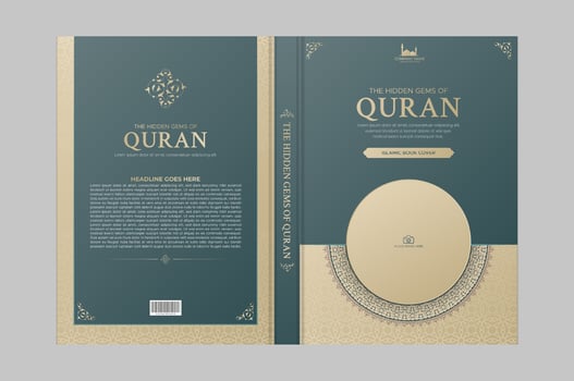 Islamic colorful decorative book cover template with Arabic border and photo frame vector