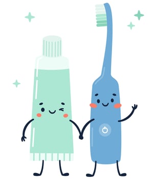 Flat vector illustration. Toothpaste with smiling face, toothpaste holds hands with an electric toothbrush. Child style, white background