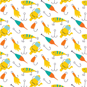 Seamless pattern with fishing gear. Hand-drawn pattern with baits, hooks and floats. Vector illustration.