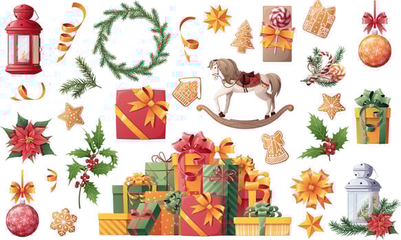 Set of Christmas items, decorations, toys on an isolated background. Lots of gifts. Christmas plants, spruce, poinsettia, holly. New Year sticker set vector