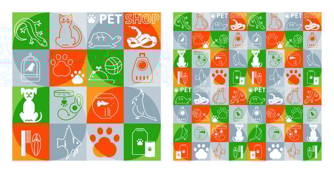 Ornament for the pet store banner. Seamless pattern with flat pictograms for cover, packaging, website vector