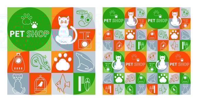 Ornament for a banner of a pet store. Seamless pattern with flat icons. vector