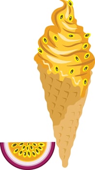 Delicious passion fruit ice cream cone vector
