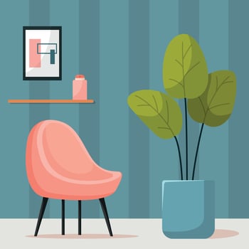 Living room interior. Comfortable modern arm chair, plant in flower pot, geometric abstract picture. Vector flat illustration