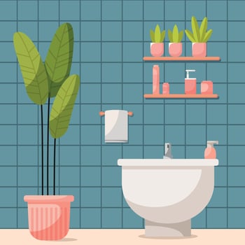 Bathroom interior design with modern bathtub, houseplant, bath towel and bathroom items. Vector