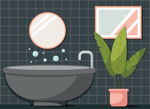 Black modern bathroom design with dark bathtub, houseplant, picture in the tiles and mirror vector