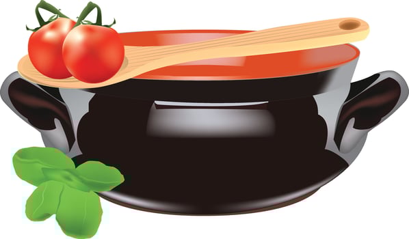 Casserole with wooden spoon tomatoes and basil vector