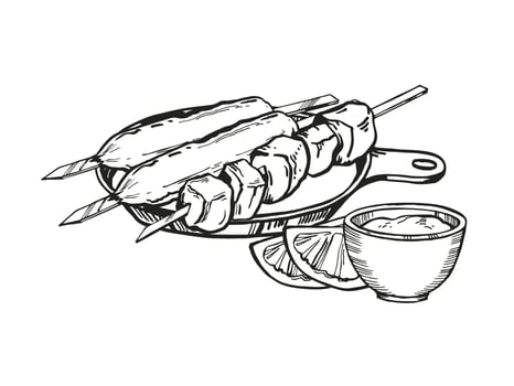 Vector hand drawn grilled kebab, ink food illustration with skewers with different meat barbecue kebab and sauce, black and white sketch of barbeque theme isolated on white background