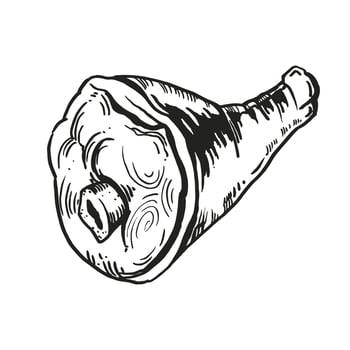 hand drawn vector food illustration, grilled baked meaty pork shank, pig leg meat, traditional food for Oktoberfest, line art, black and white color, inked graphic