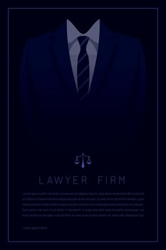 poster template with elegant suit background and symbol of justice, vector design for law firm in blue tones