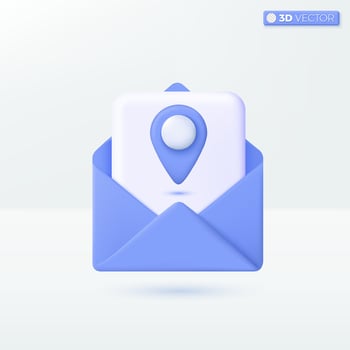 Envelope with location icon symbol. pinpoint, invitation card, tourist, map, address, interface, navigation, tourist destination concept. 3D vector isolated illustration. Cartoon pastel Minimal style.