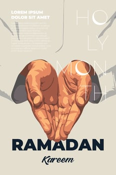 Islamic holy month Ramadan Kareem poster. Muslim believer in arabic clothing hands palms folded in prayer. Eid Mubarak holiday placard. Islam celebration modern trendy art typography concept. Vector