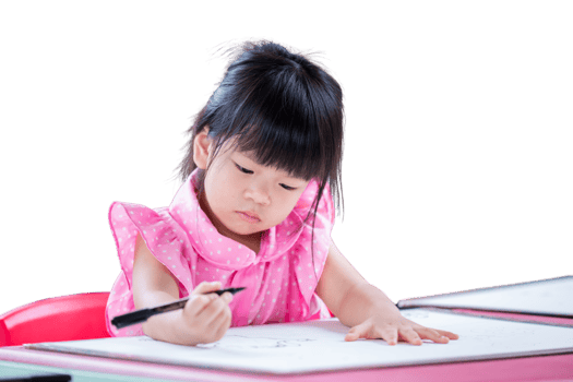 Young Girl 3 years old Focused on Drawing at Home, A little child in a pink dress intently drawing on a white paper, Kid showcasing creativity and early learning. Isolated background. png