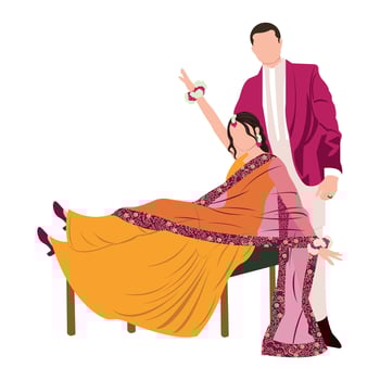 vector cute indian couple cartoon in traditional dress posing for wedding invitation card design