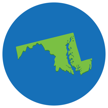 Maryland state map in globe shape green with blue circle color. Map of the U.S. state of Maryland. png