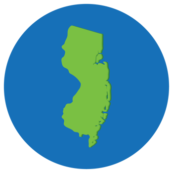 New Jersey state map in globe shape green with blue round circle color. Map of the U.S. state of New Jersey. png