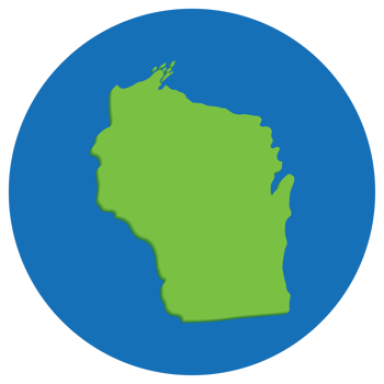Wisconsin state map in globe shape green with blue round circle color. Map of the U.S. state of Wisconsin. png