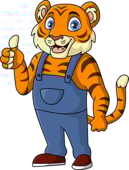 Cute tiger plumber cartoon giving thumb up vector