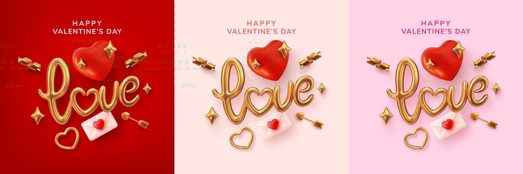 Golden Love lettering and calligraphy with cute heart,ribbon,arrow and golden twinkle star on red,pink and cream background.Valentine's day template or background for Love and Valentine's day vector
