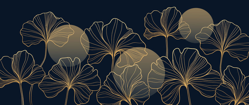 Luxury hand drawn  flower background vector. Elegant gradient gold floral line art, moon on blue background. Oriental design for wedding invitation, cover, print, decoration, template. vector