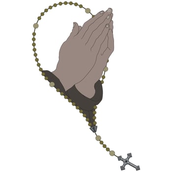 Vector design of praying hands with christian rosary, symbol of catholic religion