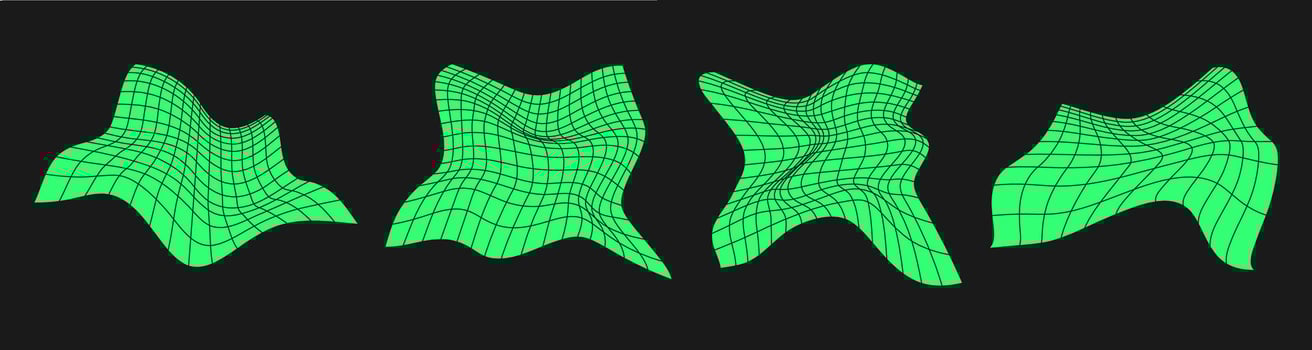 Set of distorted cyber grids. Cyberpunk geometry element y2k style. Isolated green mesh on black background. Vector fashion illustration.