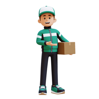 3D Delivery Man Character Presenting to the Left Pose with Parcel Box png