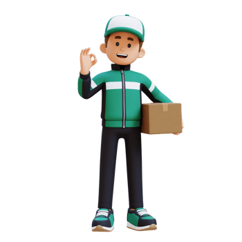3D Delivery Man Character with OK Sign Hand Pose with Parcel Box png
