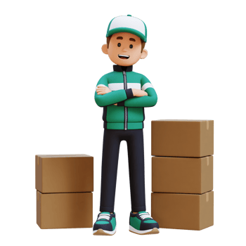 3D Delivery Man Character Crossed Arms Pose with Parcel Box png