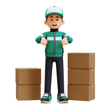 3D Delivery Man Character Pointing Downward with Parcel Box png