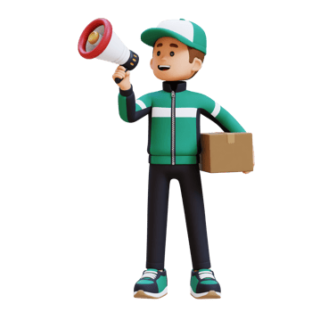 3D Delivery Man Character Holding Megaphone with Parcel Box png