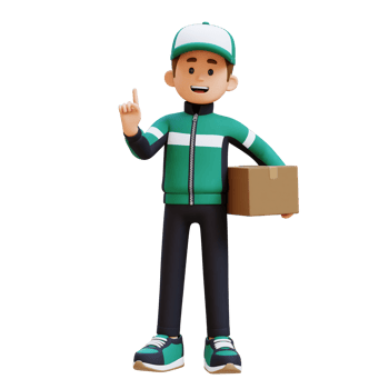3D Delivery Man Character Explaining Pose with Parcel Box png