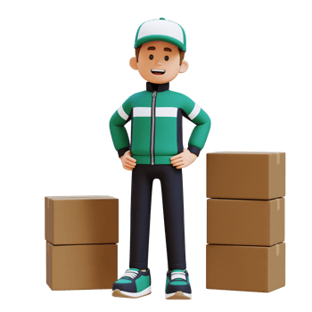 3D Delivery Man Character Standing with Hand on Hip with Parcel Box png