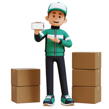 3D Delivery Man Character Presenting on Empty Phone Screen with Parcel Box png