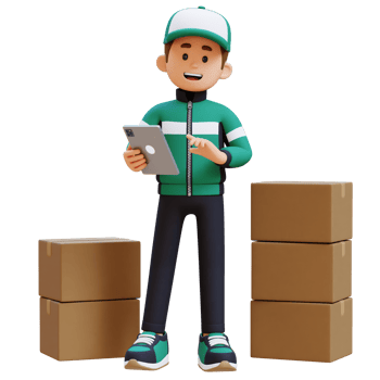 3D Delivery Man Character working on Tablet with Parcel Box png