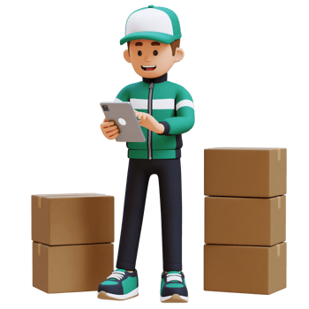 3D Delivery Man Character working on Tablet with Parcel Box png