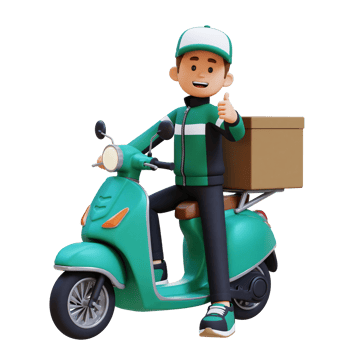3D Delivery Man Character Deivering Package with a Scooter png