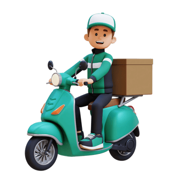 3D Delivery Man Character Deivering Package with a Scooter png