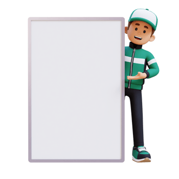 3D Delivery Man Character Presenting on Blank Placard png