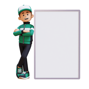 3D Delivery Man Character Lying on Blank Placard in Crossed Arm Pose png
