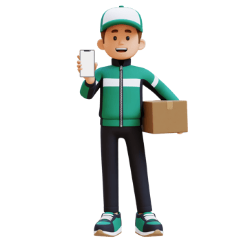 3D Delivery Man Character presenting Empty Phone Screen and Carrying Parcel Box png
