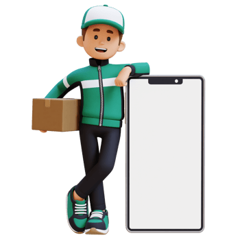 3D Delivery Man Character Lying on Large Empty Phone Screen and Carrying Parcel Box png