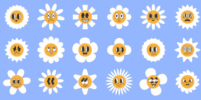 Set of daisy flowers with cute retro faces. Various emotions. Cute flower on a blue background. Big set of children's logo. Retro. vector