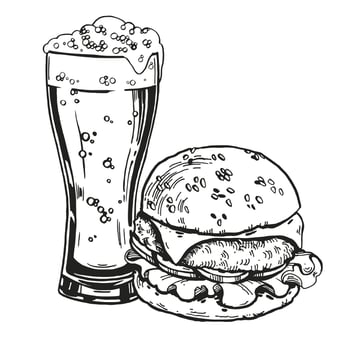 sketch of glass of beer with burger, hand drawn vector illustration of drink and fast food, beer mug and hamburger, doodle graphic, black and white color, monochrome